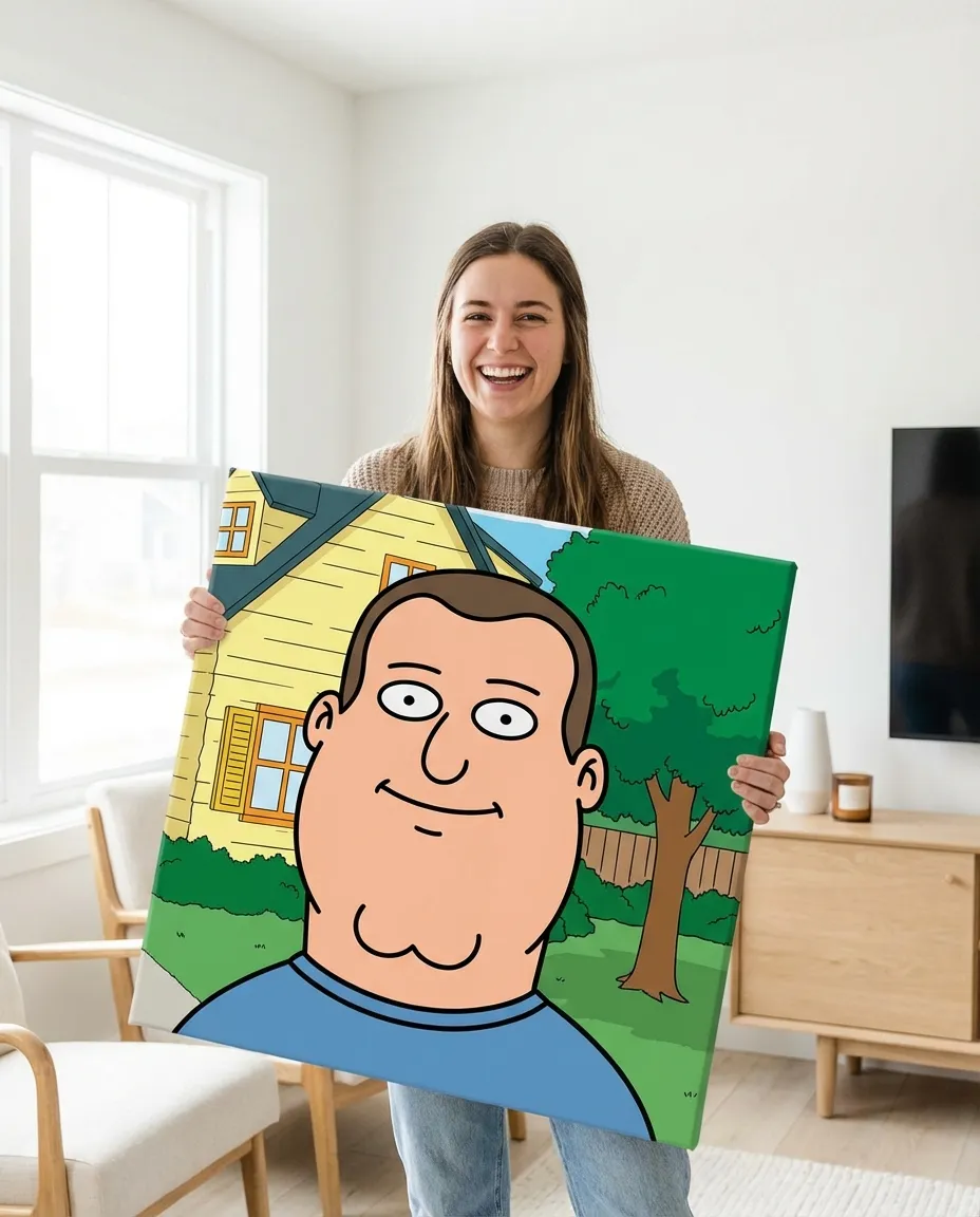 Person holding their Family Guy portrait canvas in a modern living room