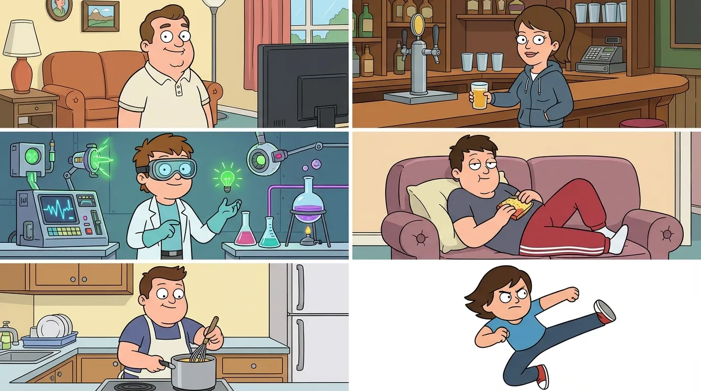 Six Family Guy portrait sub-styles: Classic Griffin, Quahog Citizen, Drunken Clam, Stewie Lab, Peter Couch, and Lois Kitchen