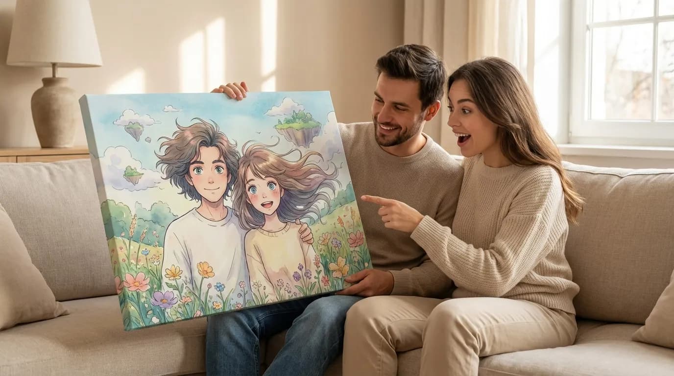 Couple reacting to their Ghibli style portrait canvas in a meadow setting
