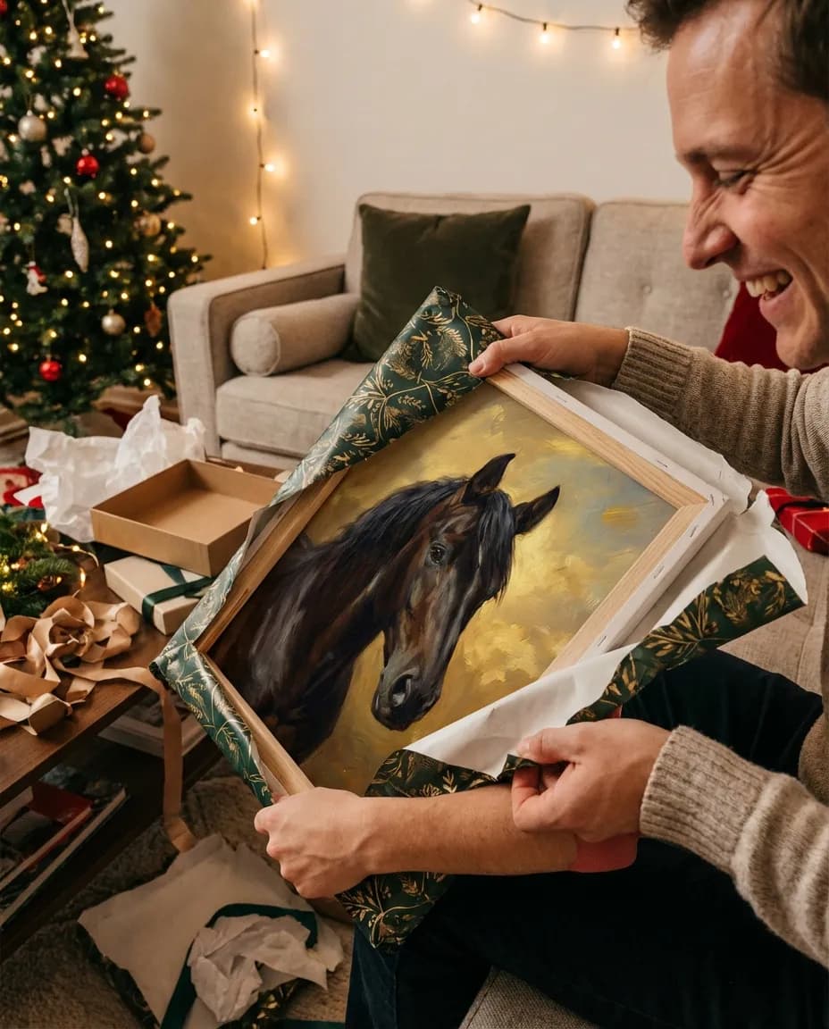 Unwrapping a horse portrait canvas gift