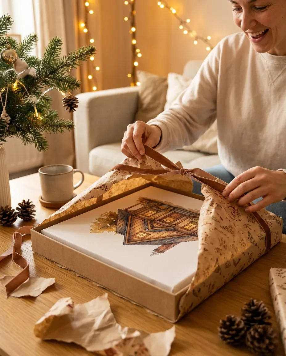 Gift unwrapping a house portrait