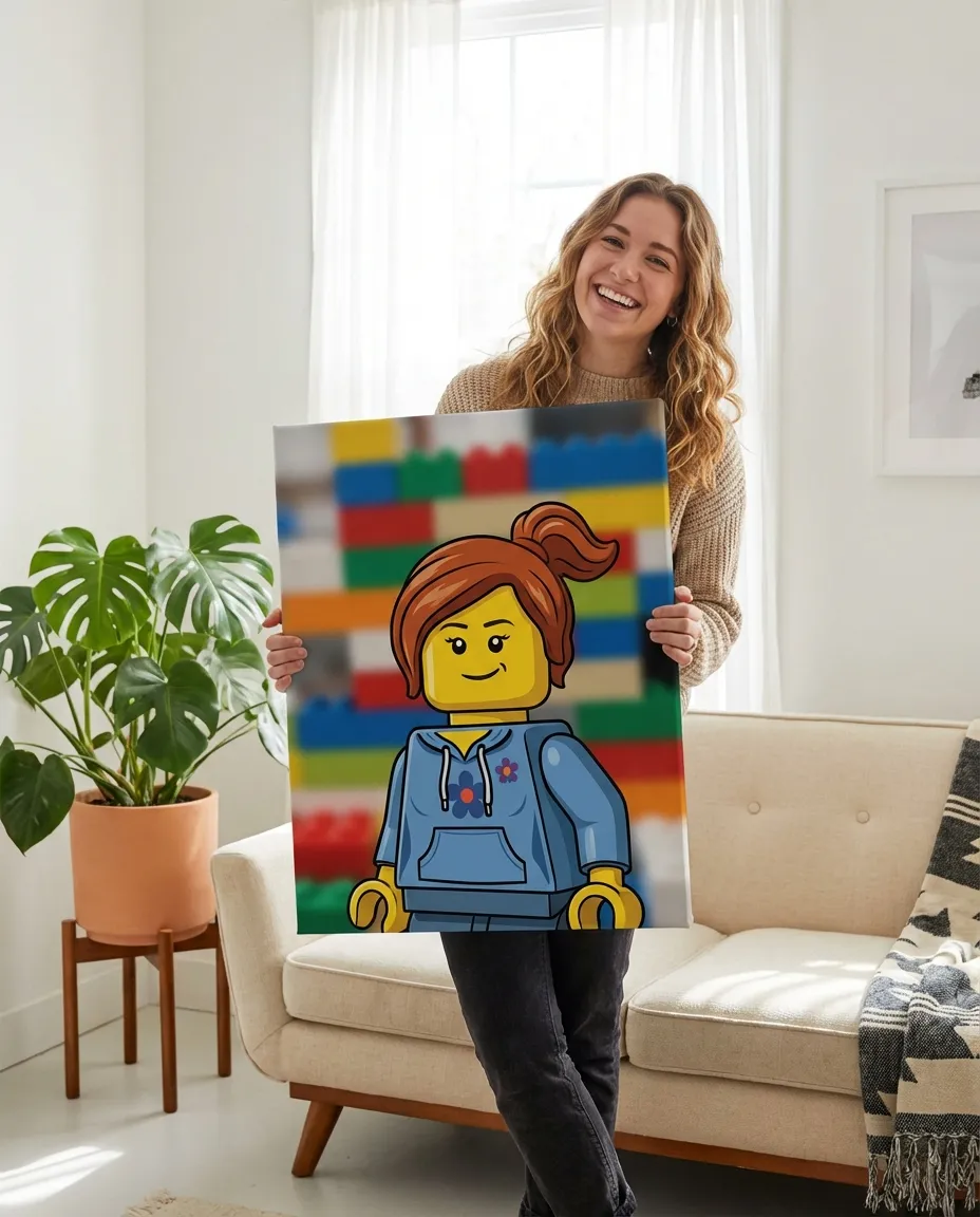 Lego-style portrait canvas in a styled room