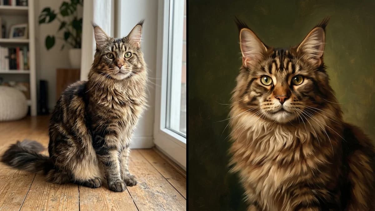 Before and after Maine Coon portrait transformation