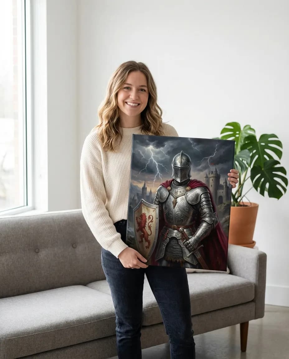 Medieval knight portrait canvas in a room