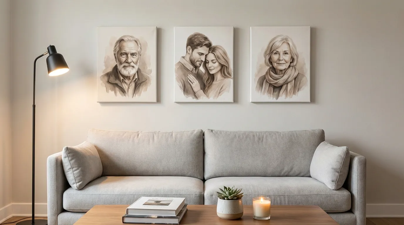 Gallery wall with memorial portrait