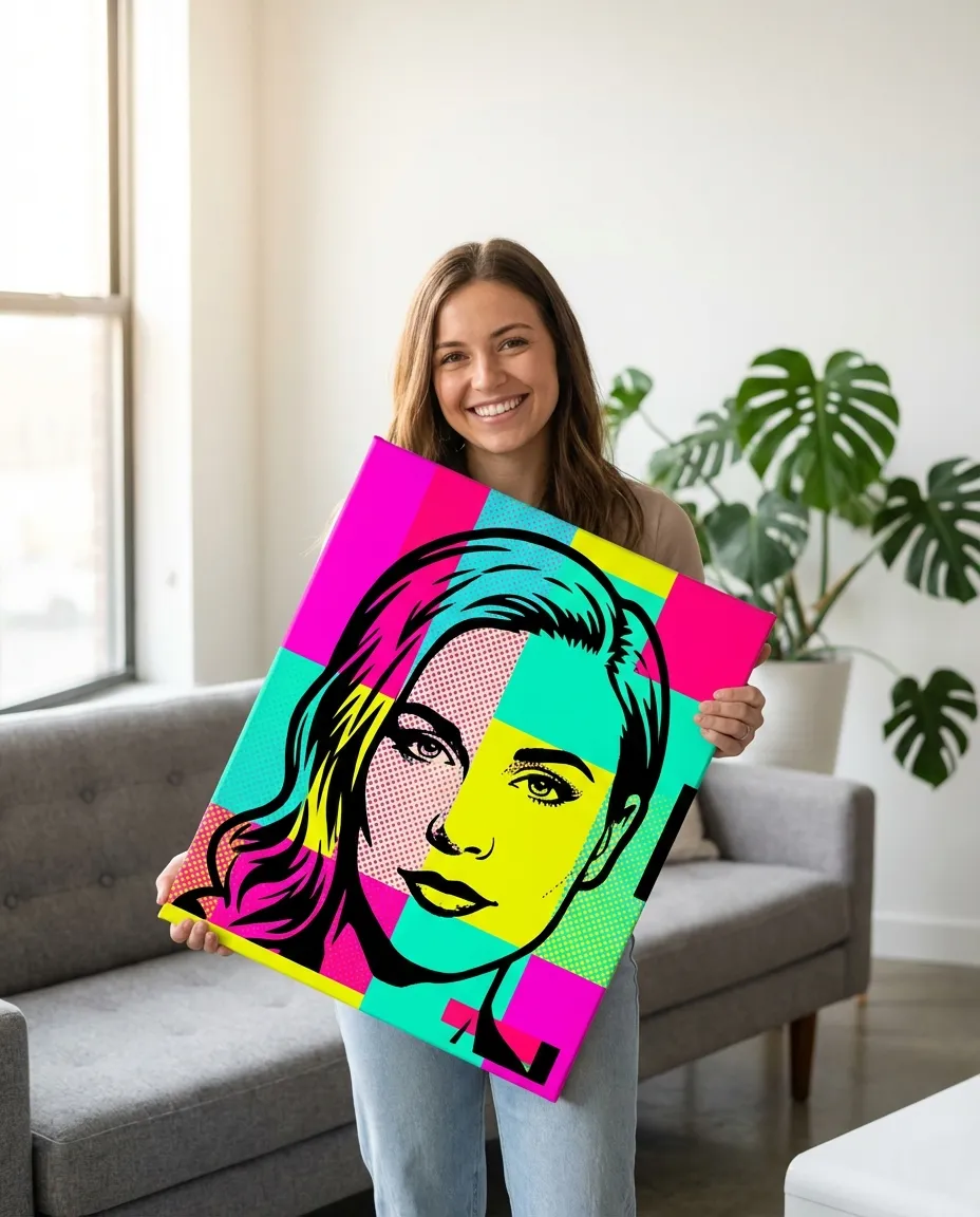 Woman holding her pop art portrait canvas in a modern living room