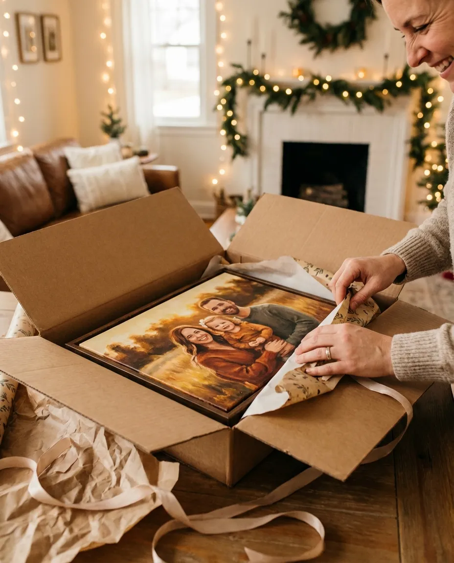 Unwrapping a portrait gift canvas