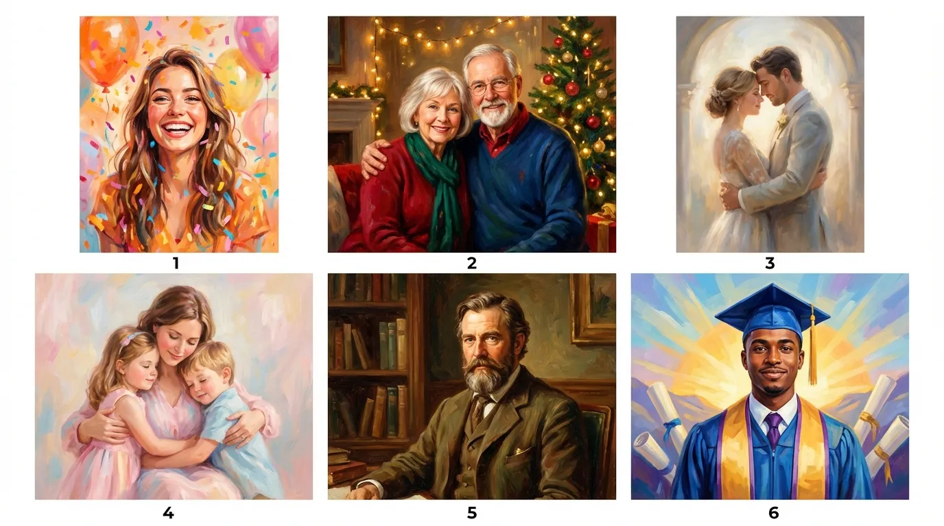 Grid of portrait gift art styles including oil painting, watercolor, anime, pop art and Disney