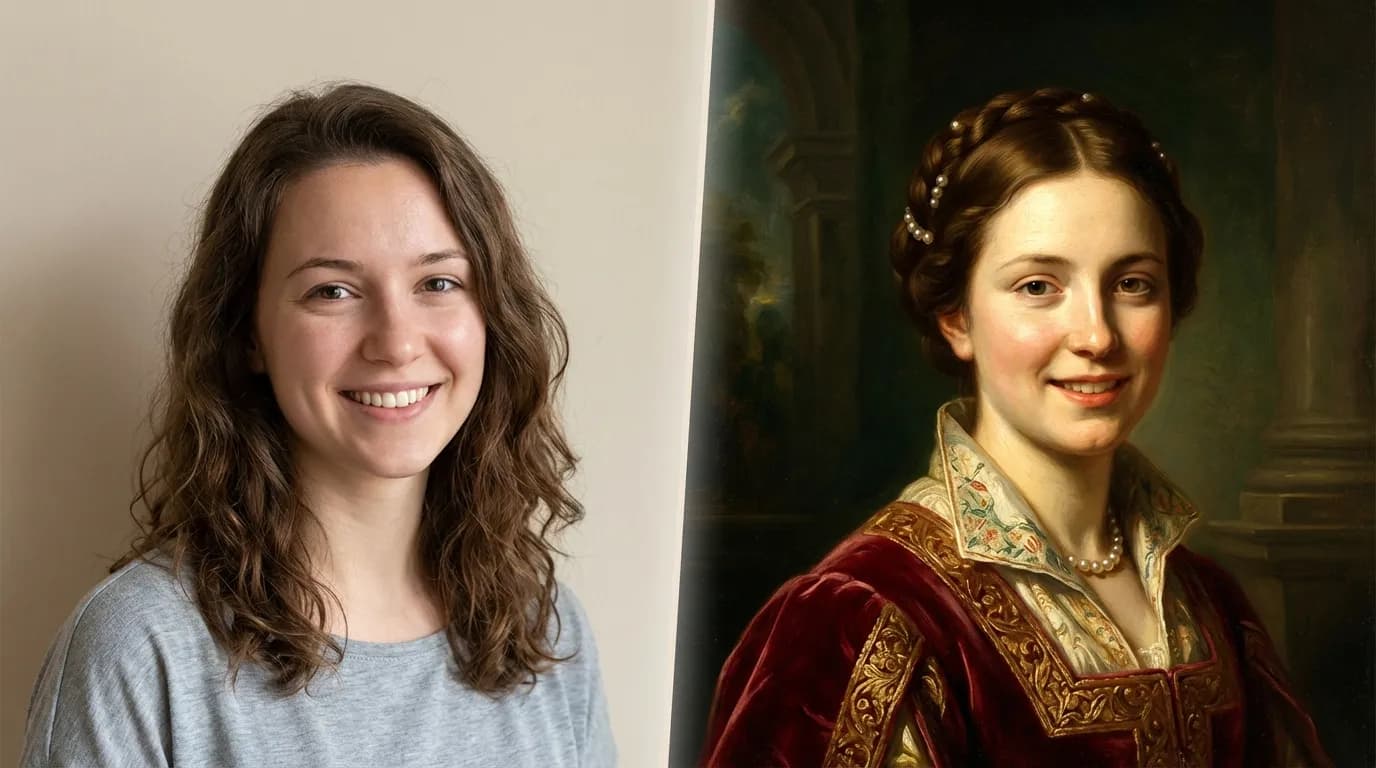 Before and after: photo transformed into Renaissance oil painting portrait