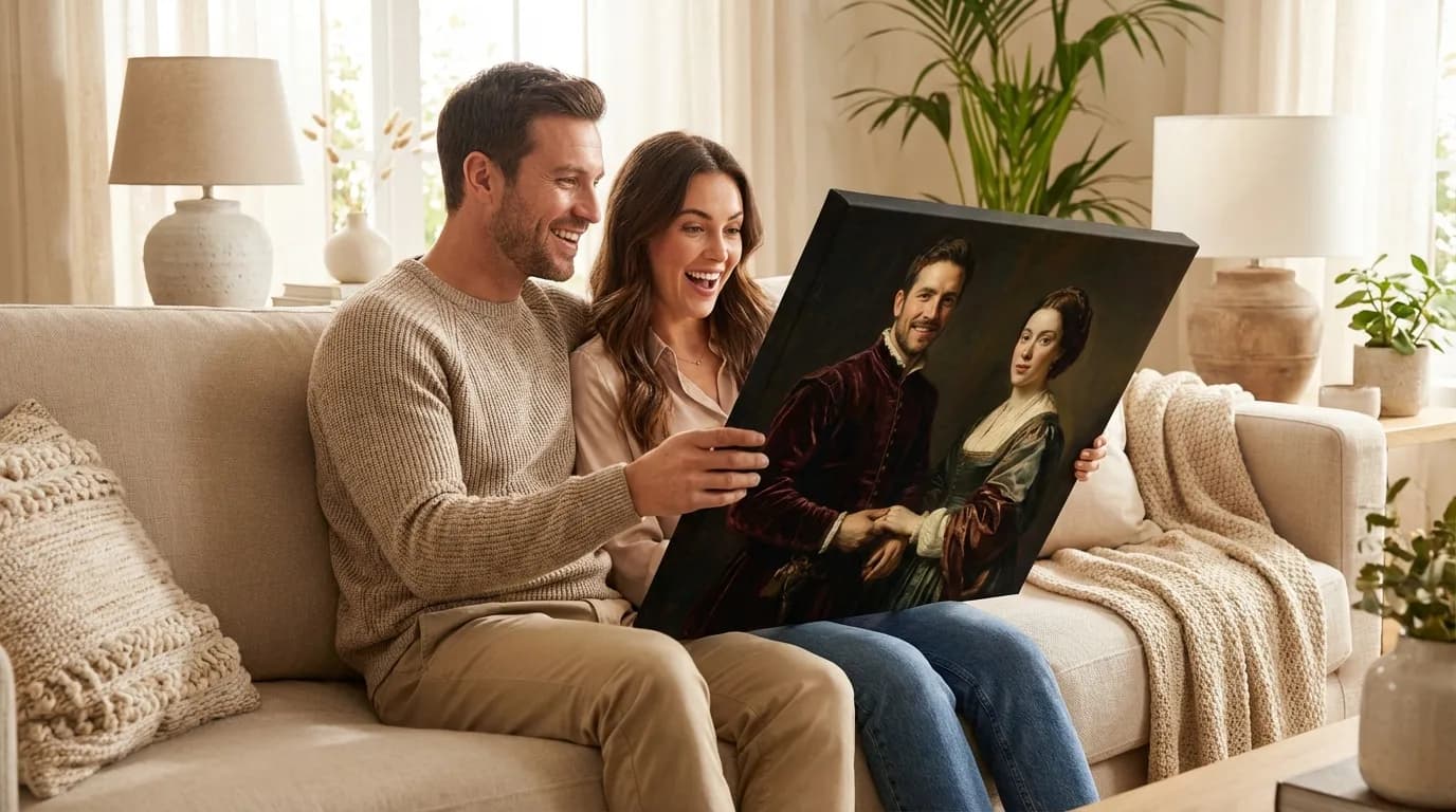 Happy couple admiring their Renaissance couple portrait canvas on the wall