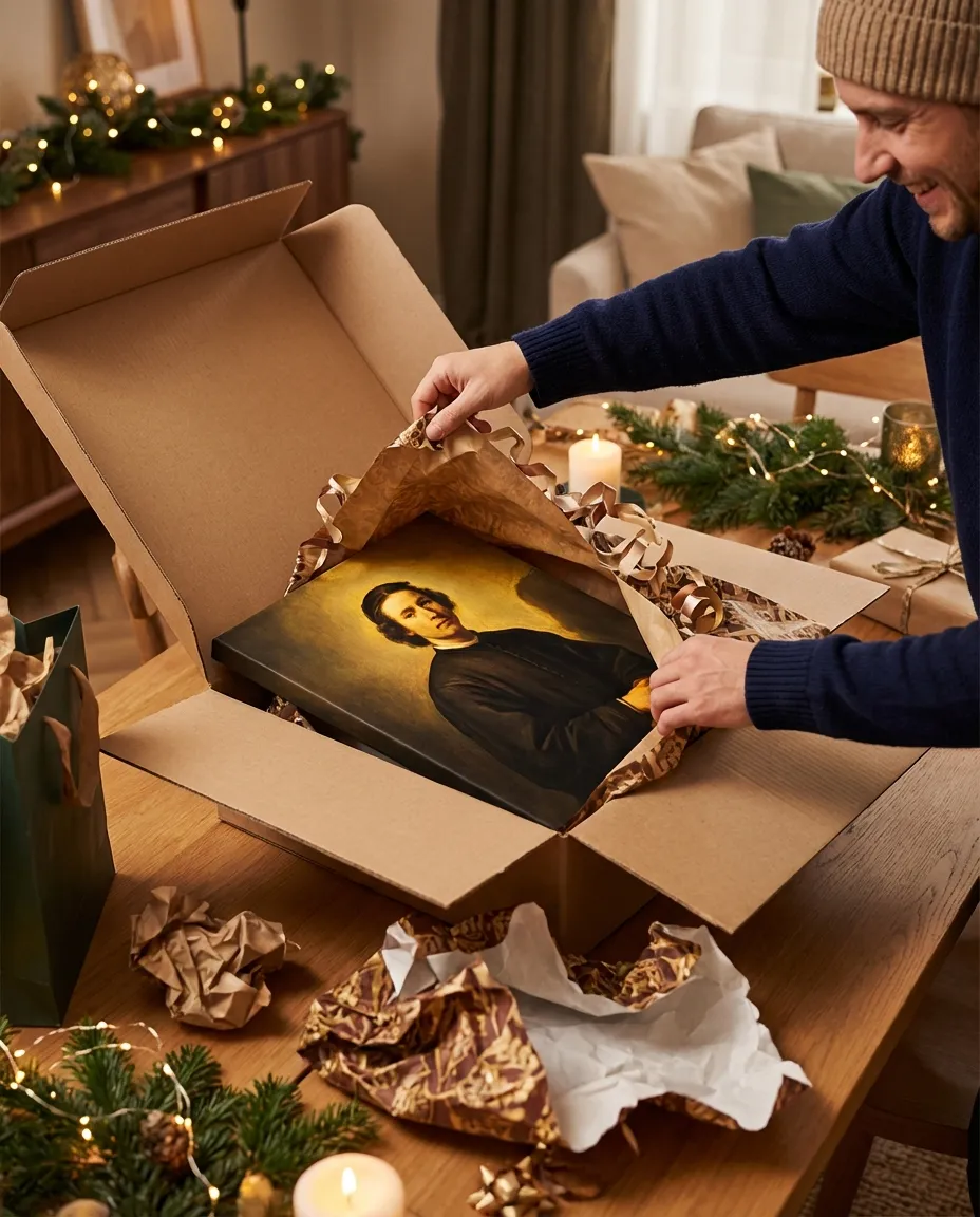 Person unwrapping a gift to reveal a Renaissance portrait canvas