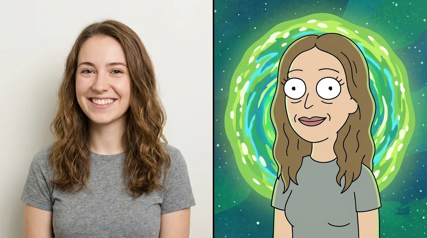 Before and after: photo transformed into Rick and Morty style portrait