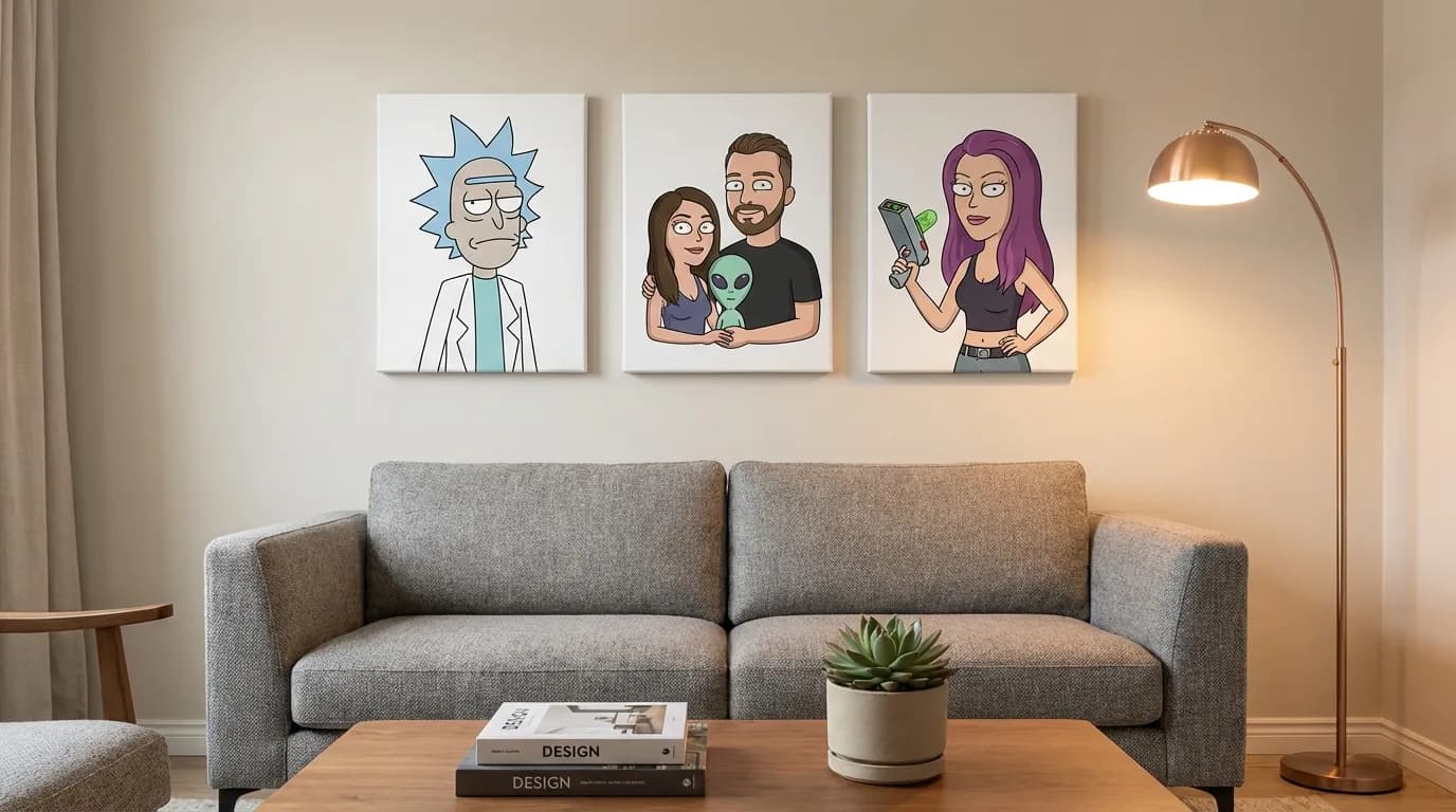 Gallery wall with Rick and Morty portrait canvas prints in a modern living room