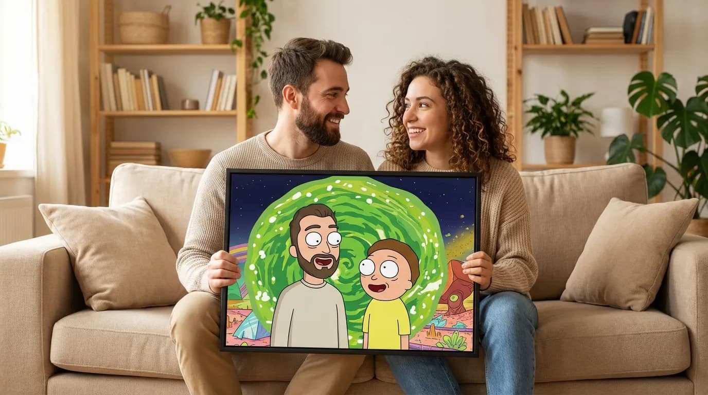 Happy couple sitting on sofa holding their Rick and Morty couple portrait canvas