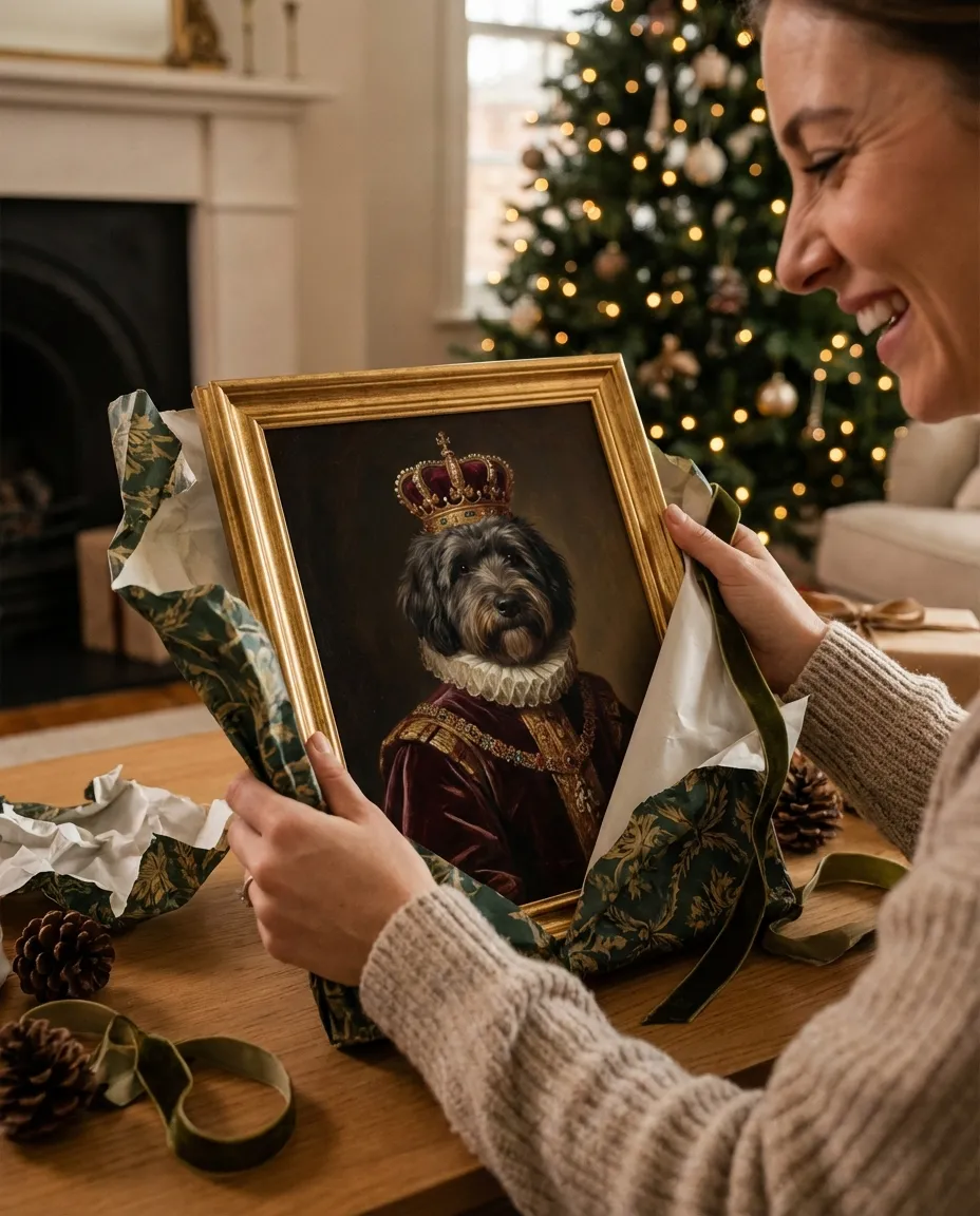 Unwrapping a royal pet portrait canvas gift