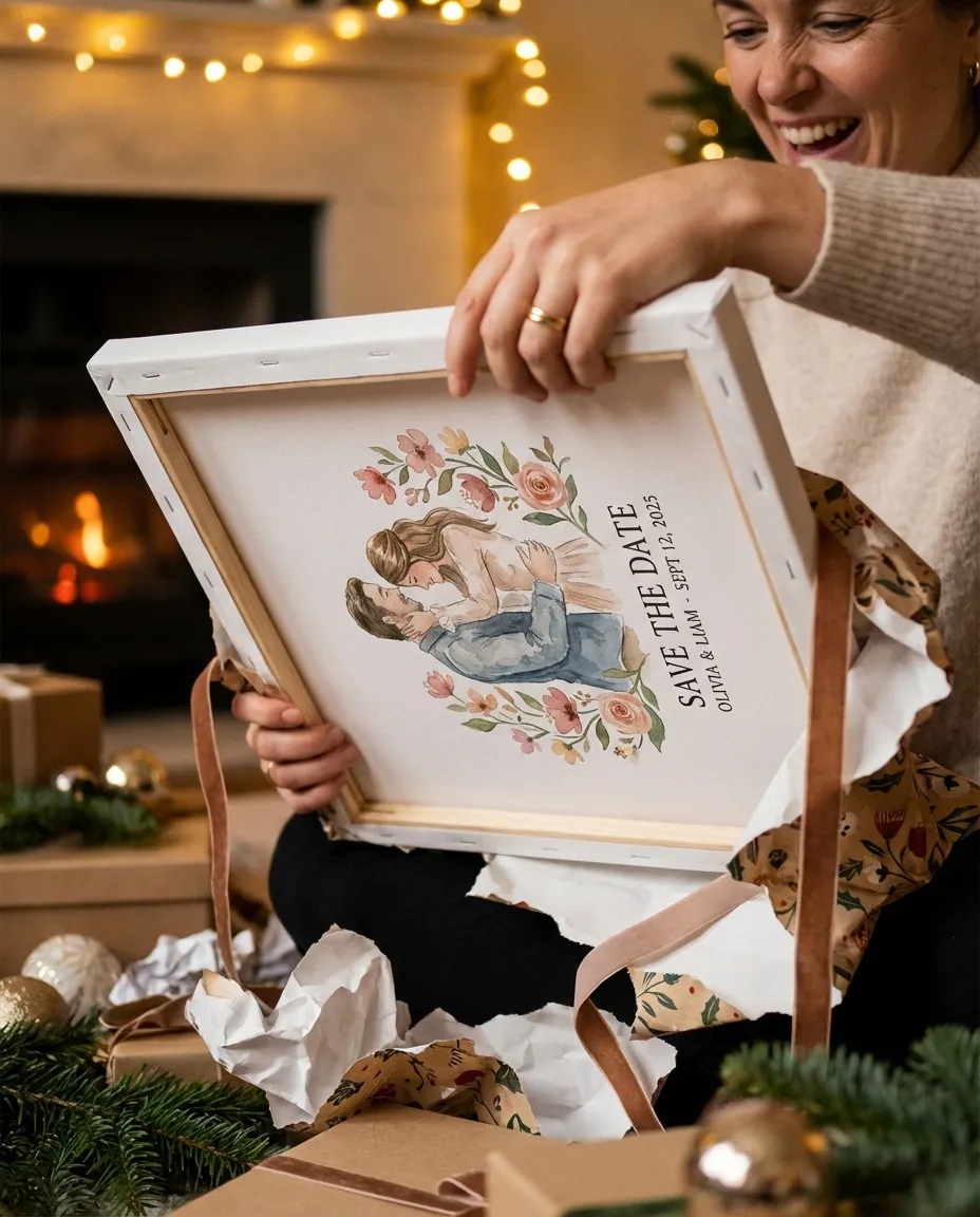 Gift unwrapping a save the date illustration