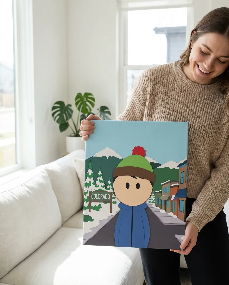 Person holding their South Park portrait canvas in a modern living room