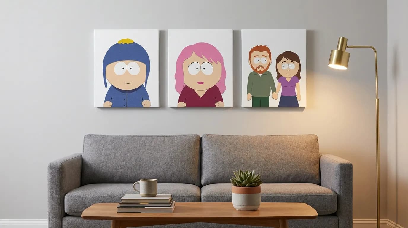 Gallery wall with South Park portrait canvas prints in a modern living room