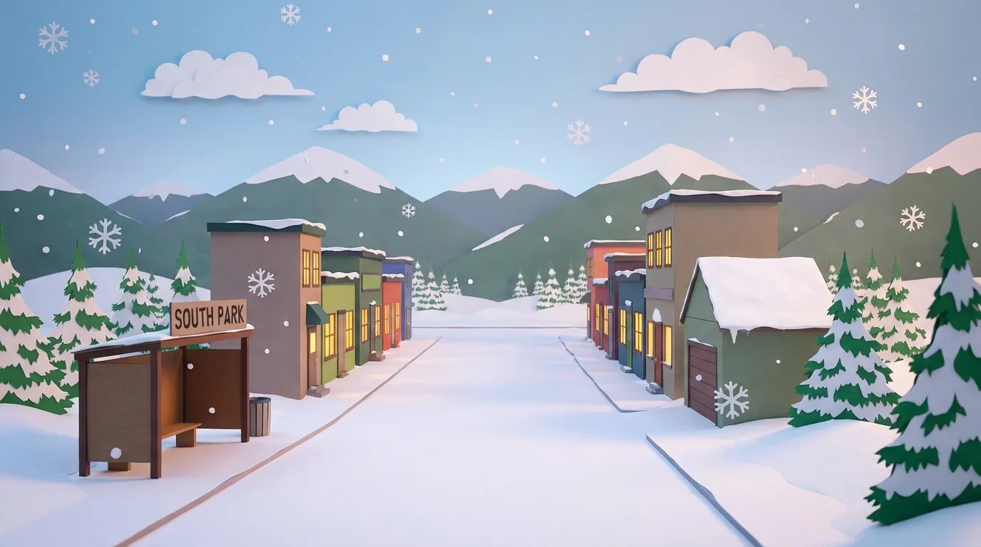 South Park snowy Colorado mountain town background