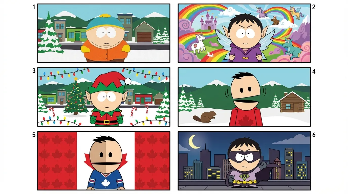 Six South Park portrait sub-styles: classic, imaginationland, holiday, terrance and phillip, canadian, and super hero