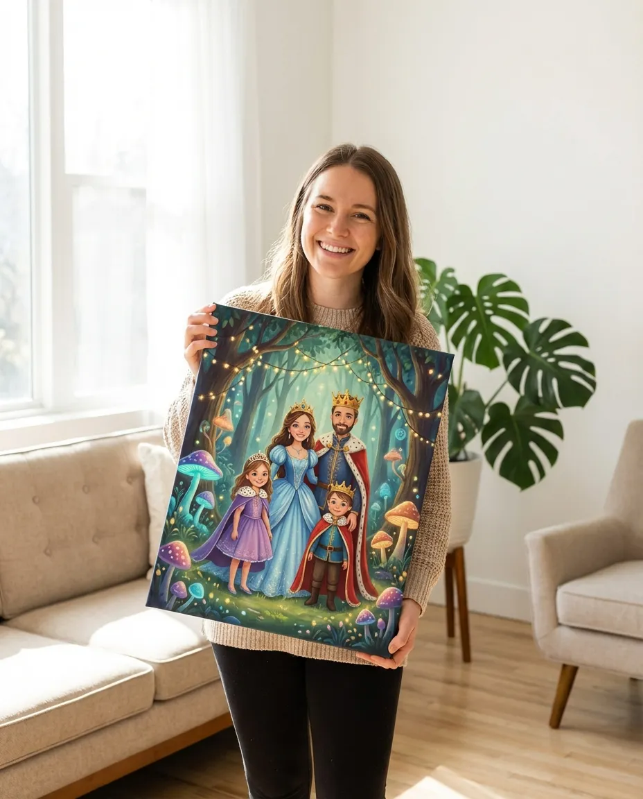 Storybook family portrait canvas in modern living room