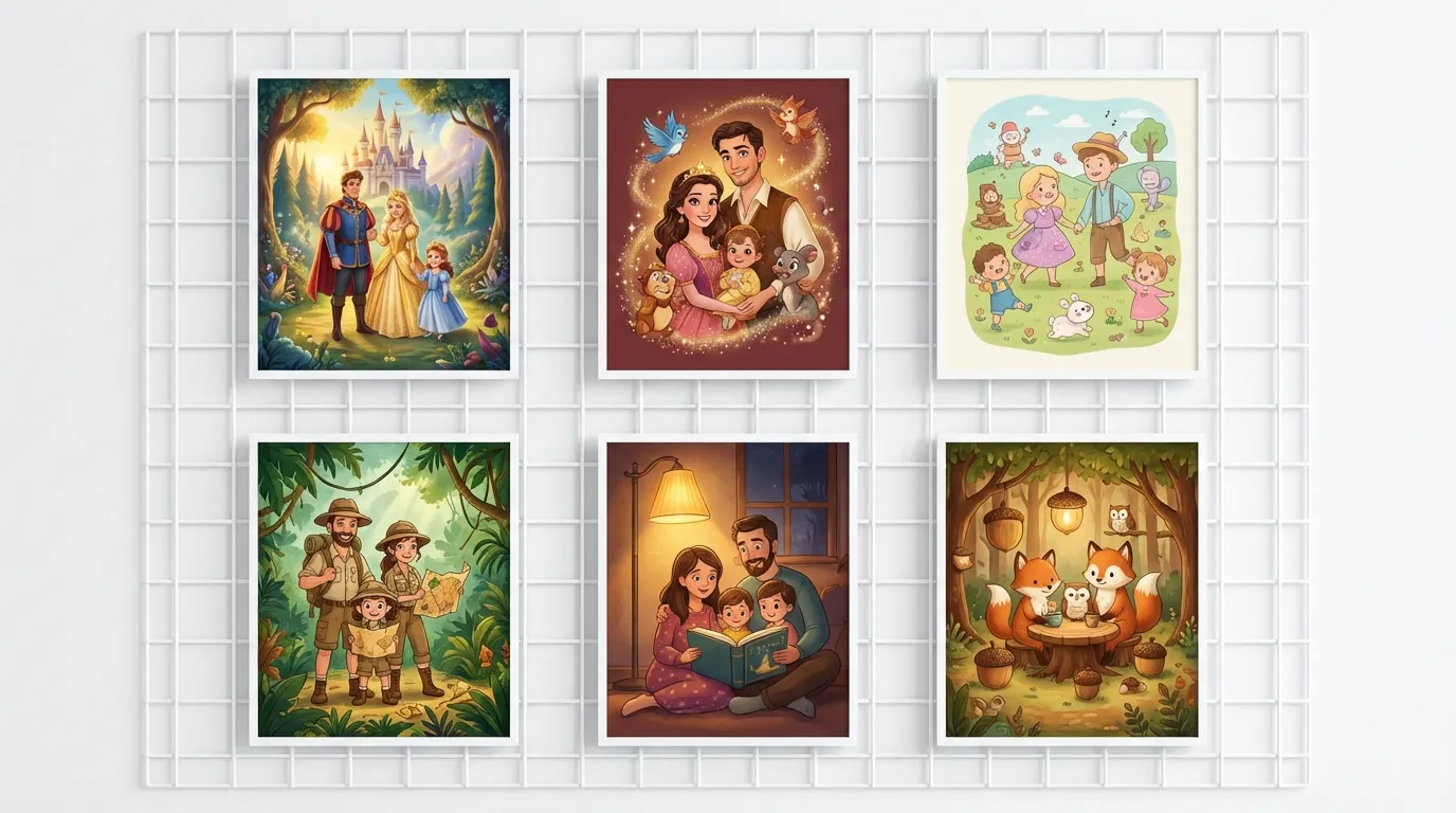 Six storybook family portrait variations: royal castle, enchanted glade, playful meadow, explorer adventure, bedtime story, woodland animal friends