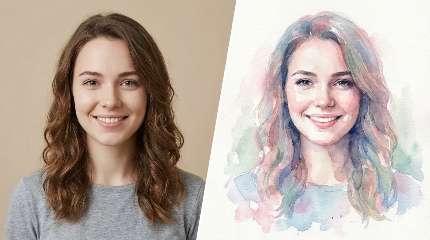 Before and after: photo transformed into a soft watercolour portrait painting