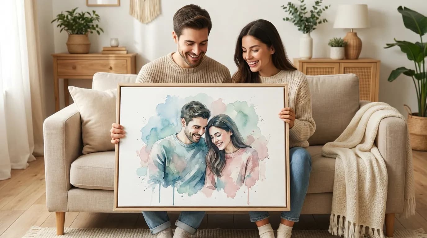 Couple sitting together admiring their watercolour couple portrait canvas
