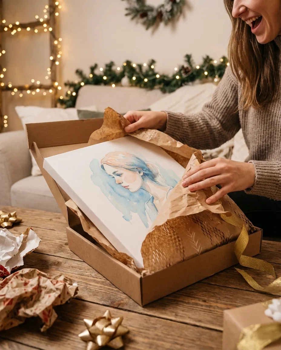 Person unwrapping a gift to reveal a watercolour portrait canvas