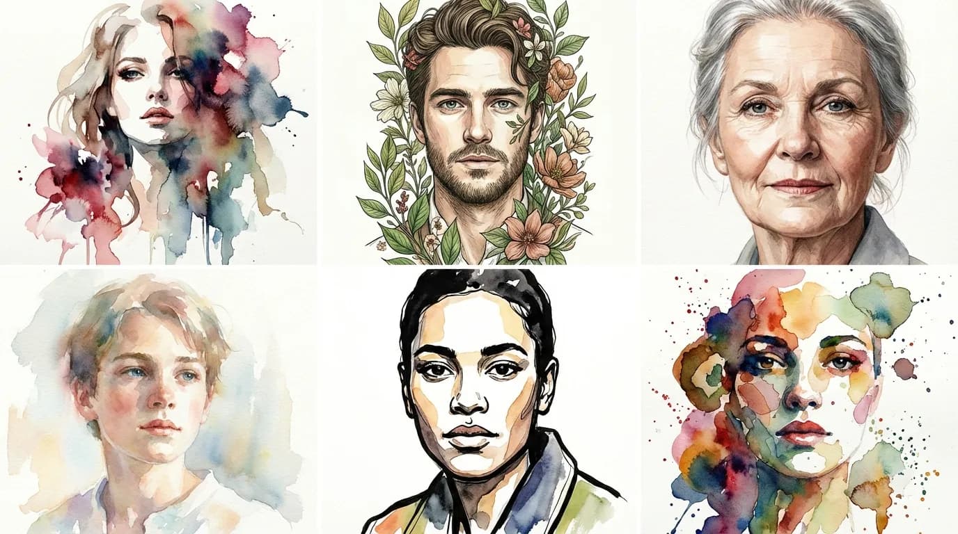 Six watercolour portrait styles: loose wash, detailed, dreamy, impressionistic, botanical, and romantic