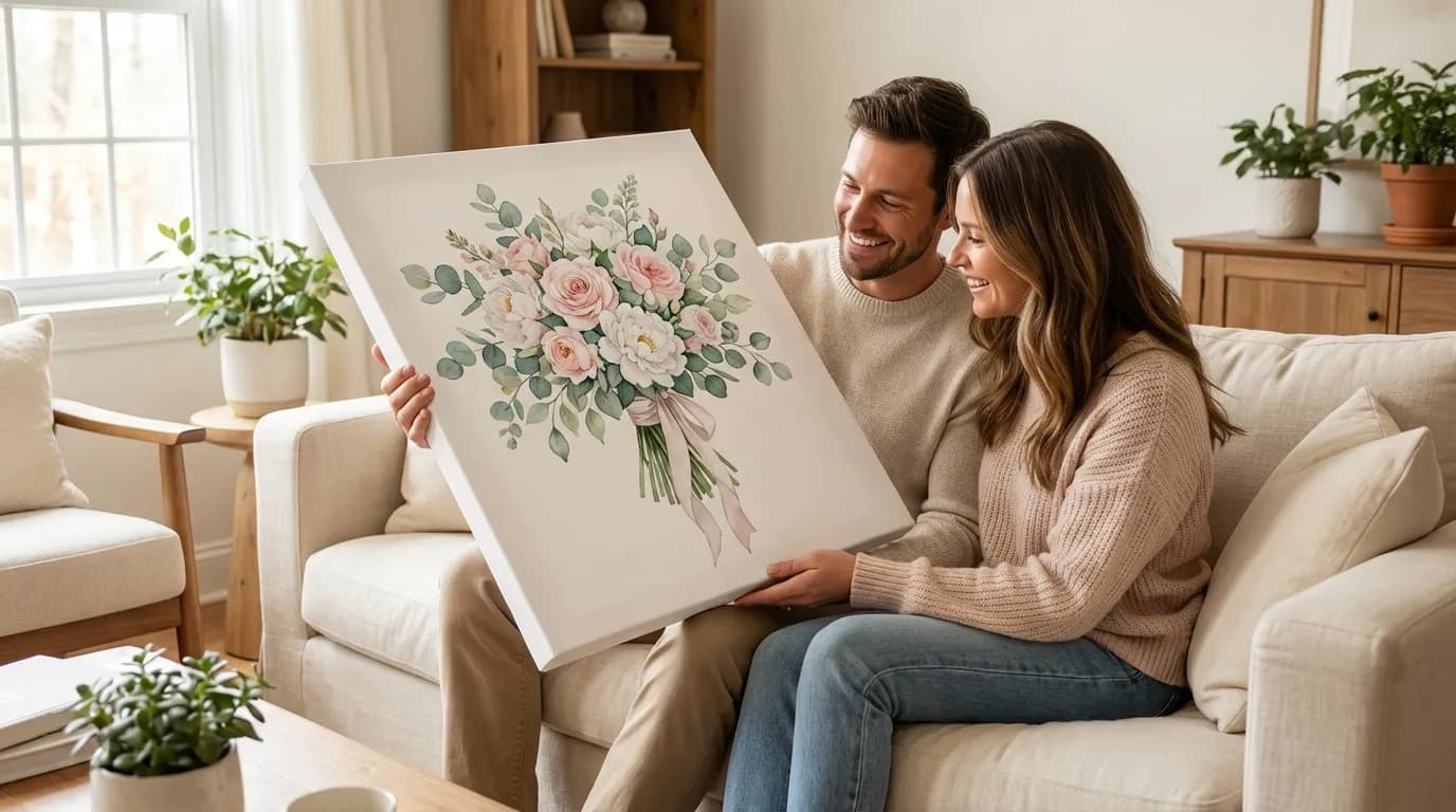 Couple admiring their bouquet illustration canvas at home