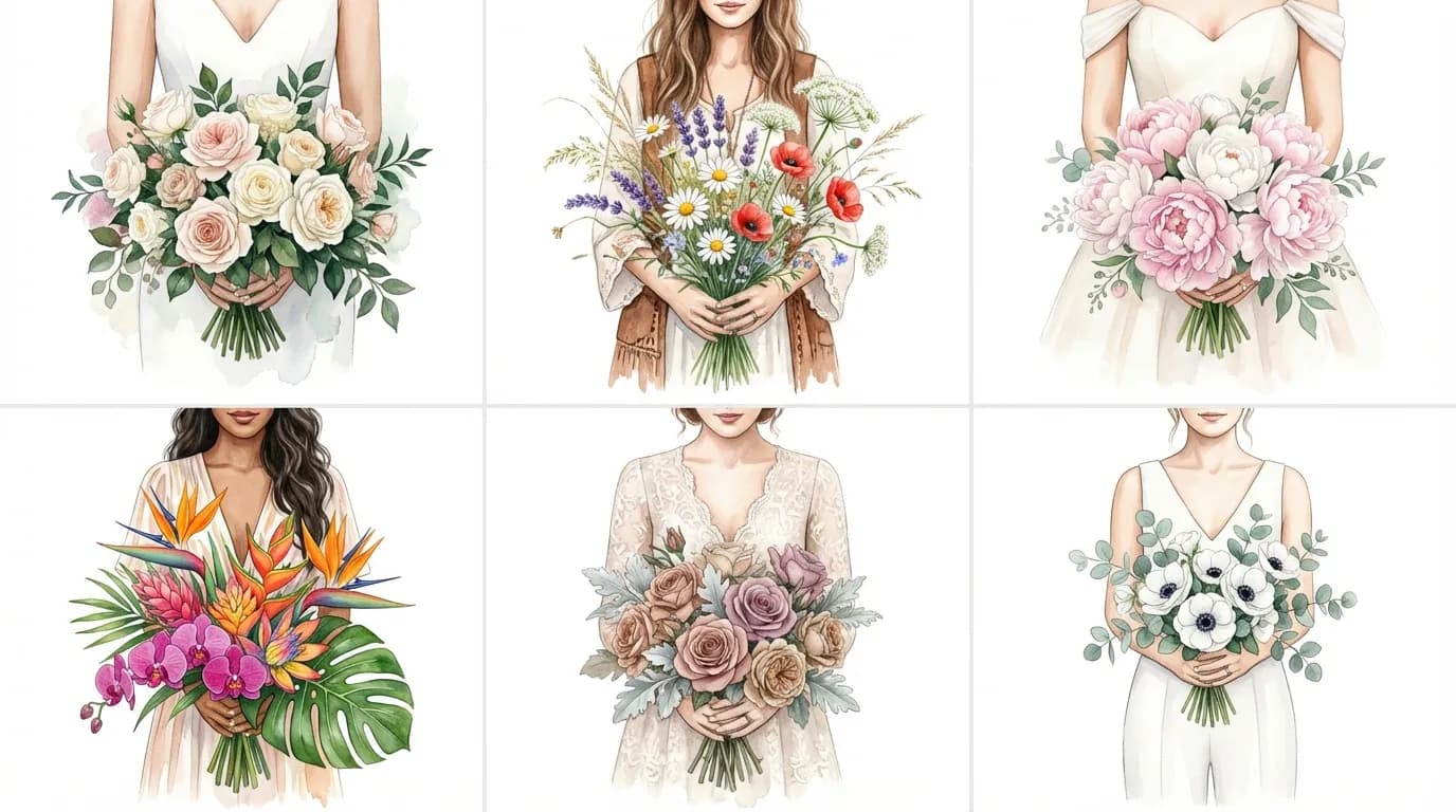 Six bouquet illustration variations across watercolour and botanical styles