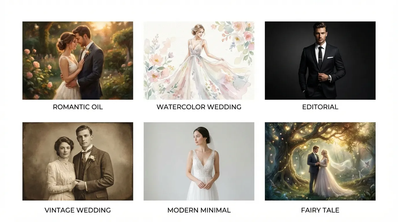 Six wedding portrait styles: oil painting, watercolor, fine art, Disney, pencil sketch, and pop art